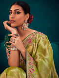 Superb Green Embroidered Kanjivaram Silk Events Wear Saree With Blouse - Zeel Clothing