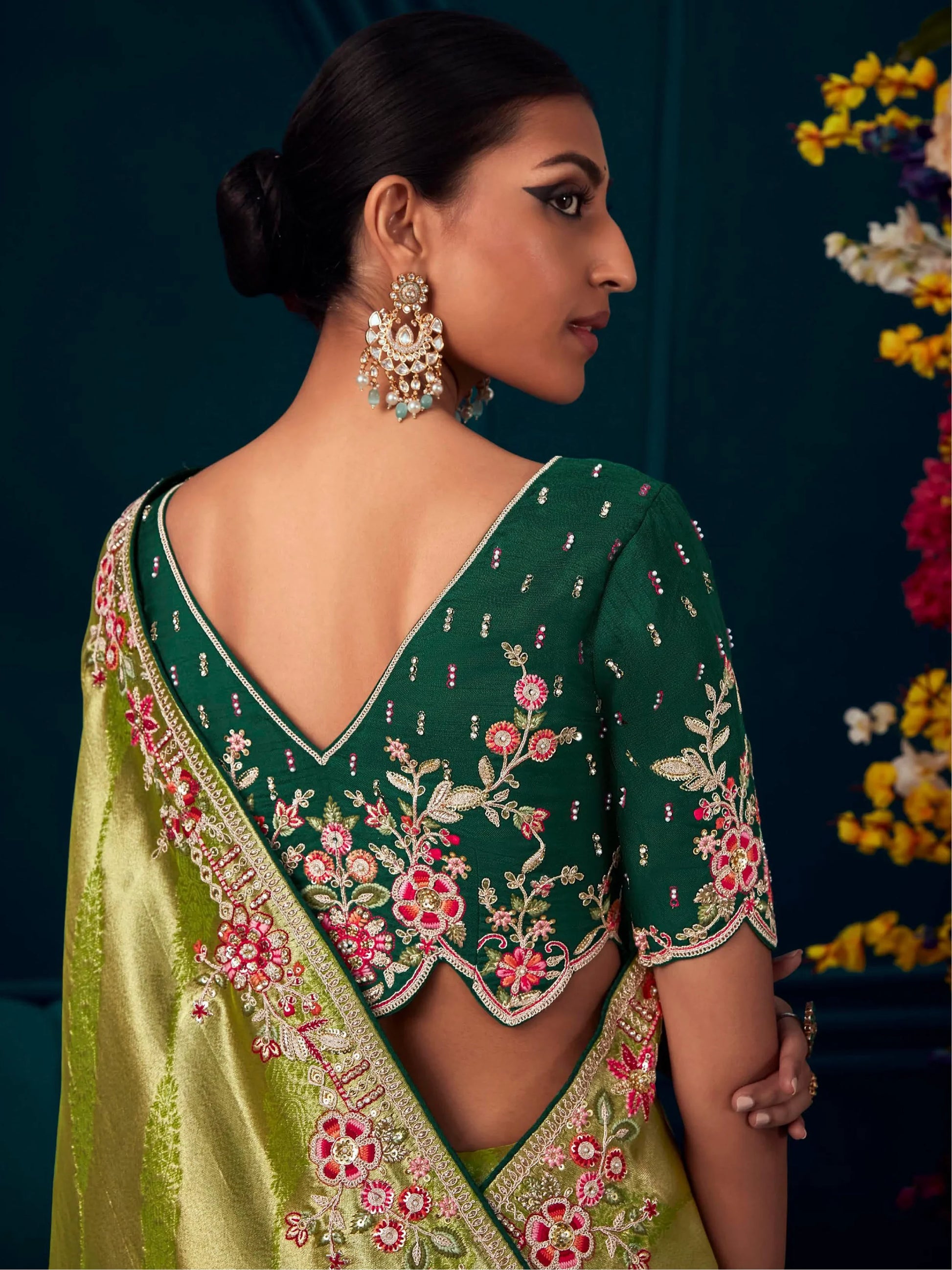 Superb Green Embroidered Kanjivaram Silk Events Wear Saree With Blouse - Zeel Clothing