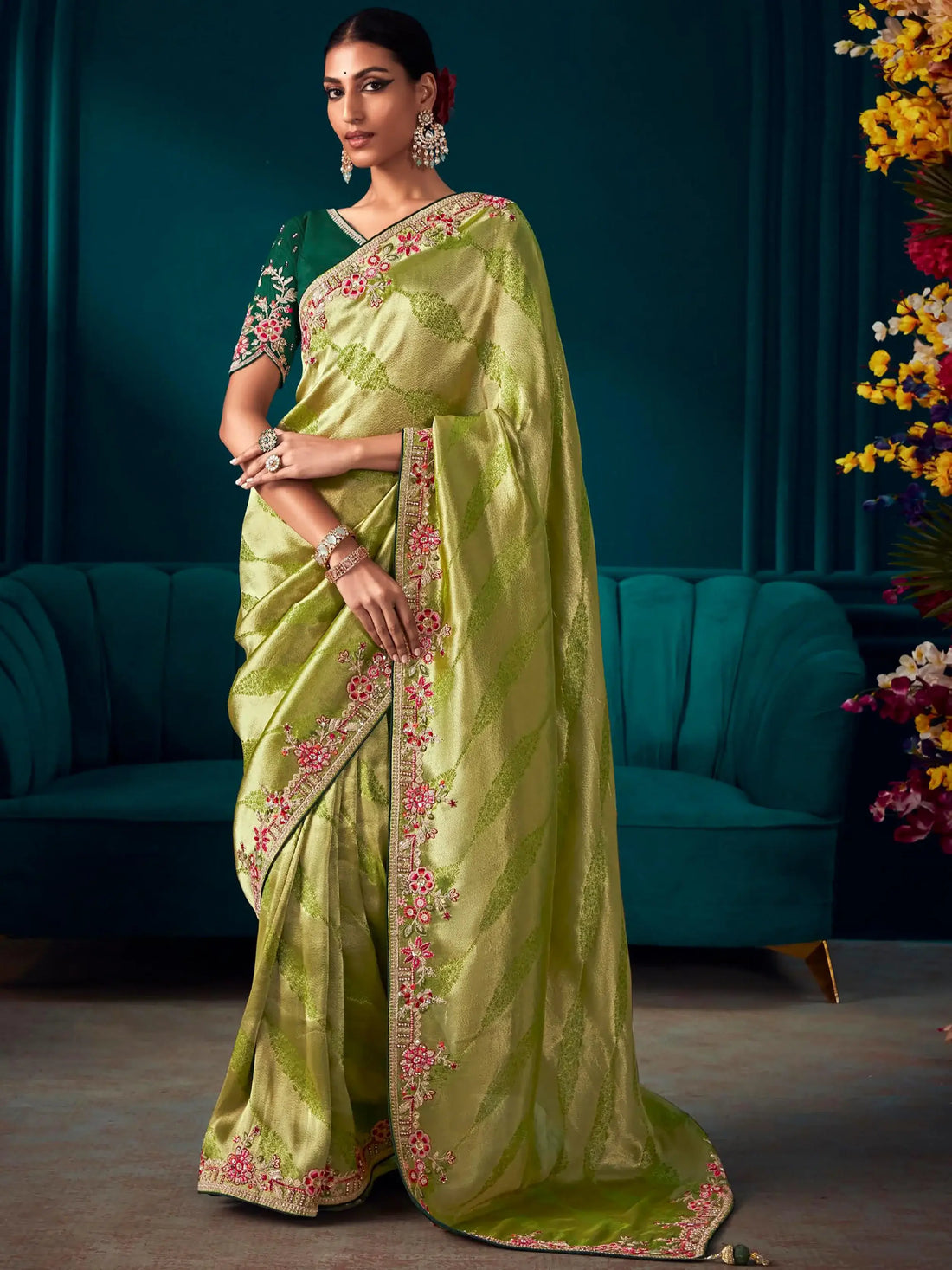 Superb Green Embroidered Kanjivaram Silk Events Wear Saree With Blouse - Zeel Clothing