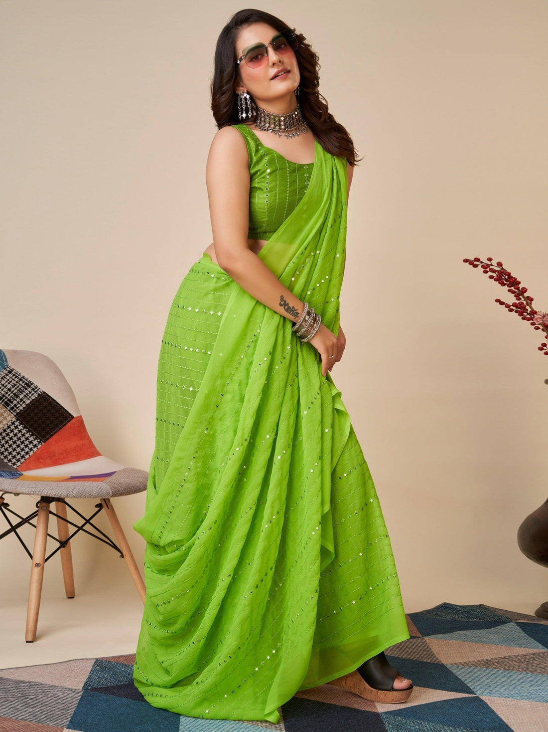 Superb Green Sequins Georgette Events Wear Saree With Blouse