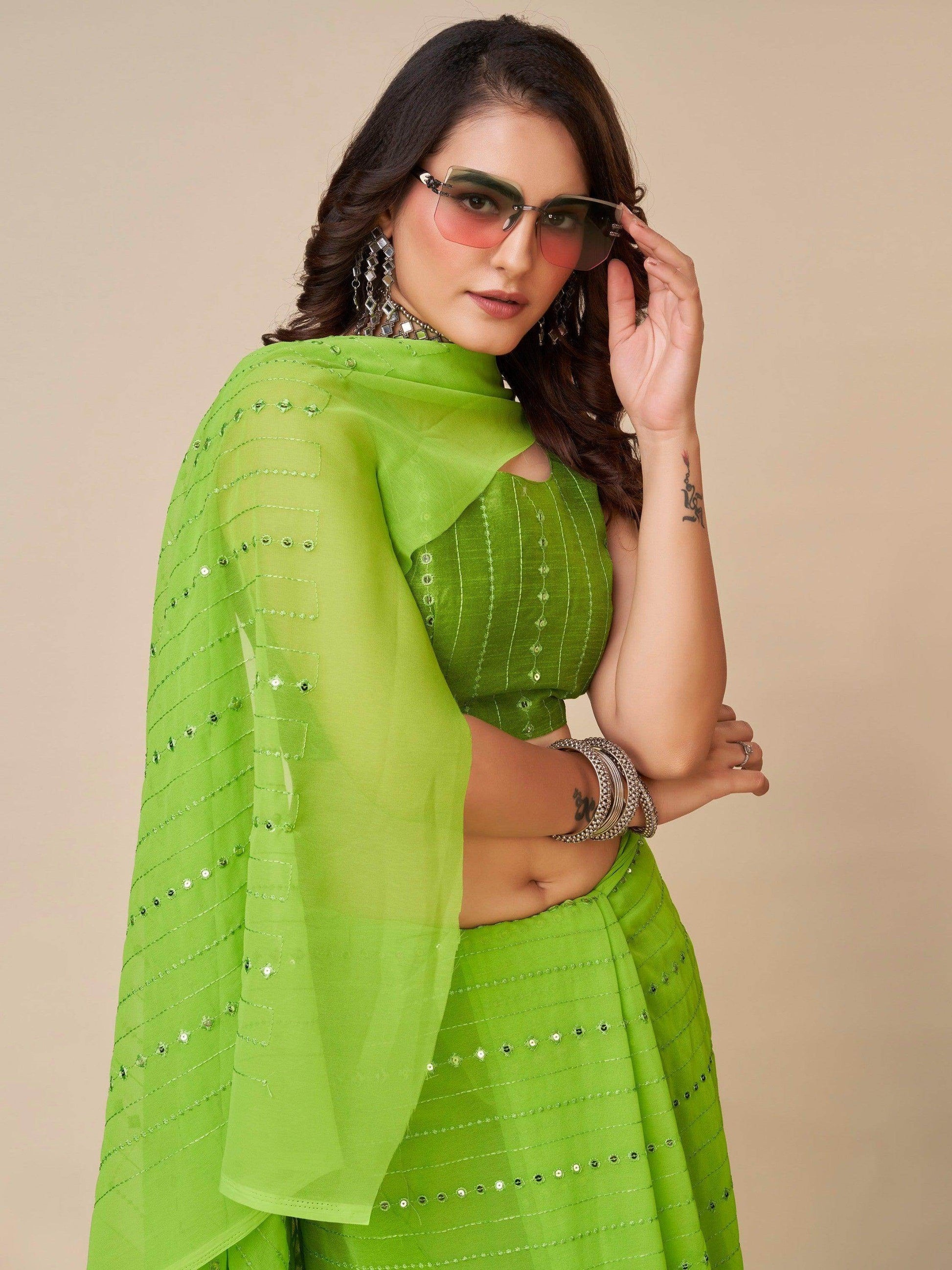 Superb Green Sequins Georgette Events Wear Saree With Blouse - Zeel Clothing