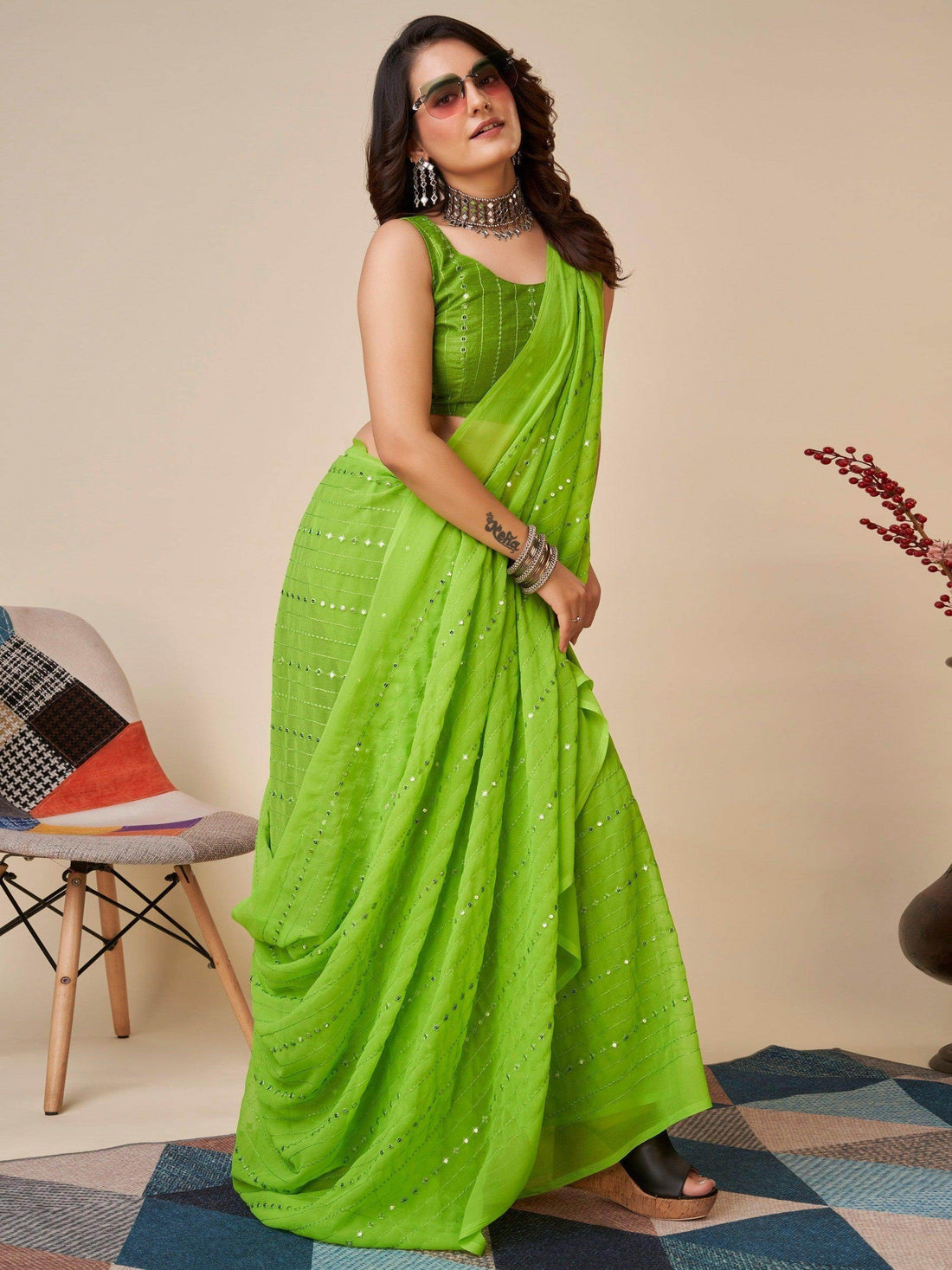 Superb Green Sequins Georgette Events Wear Saree With Blouse - Zeel Clothing