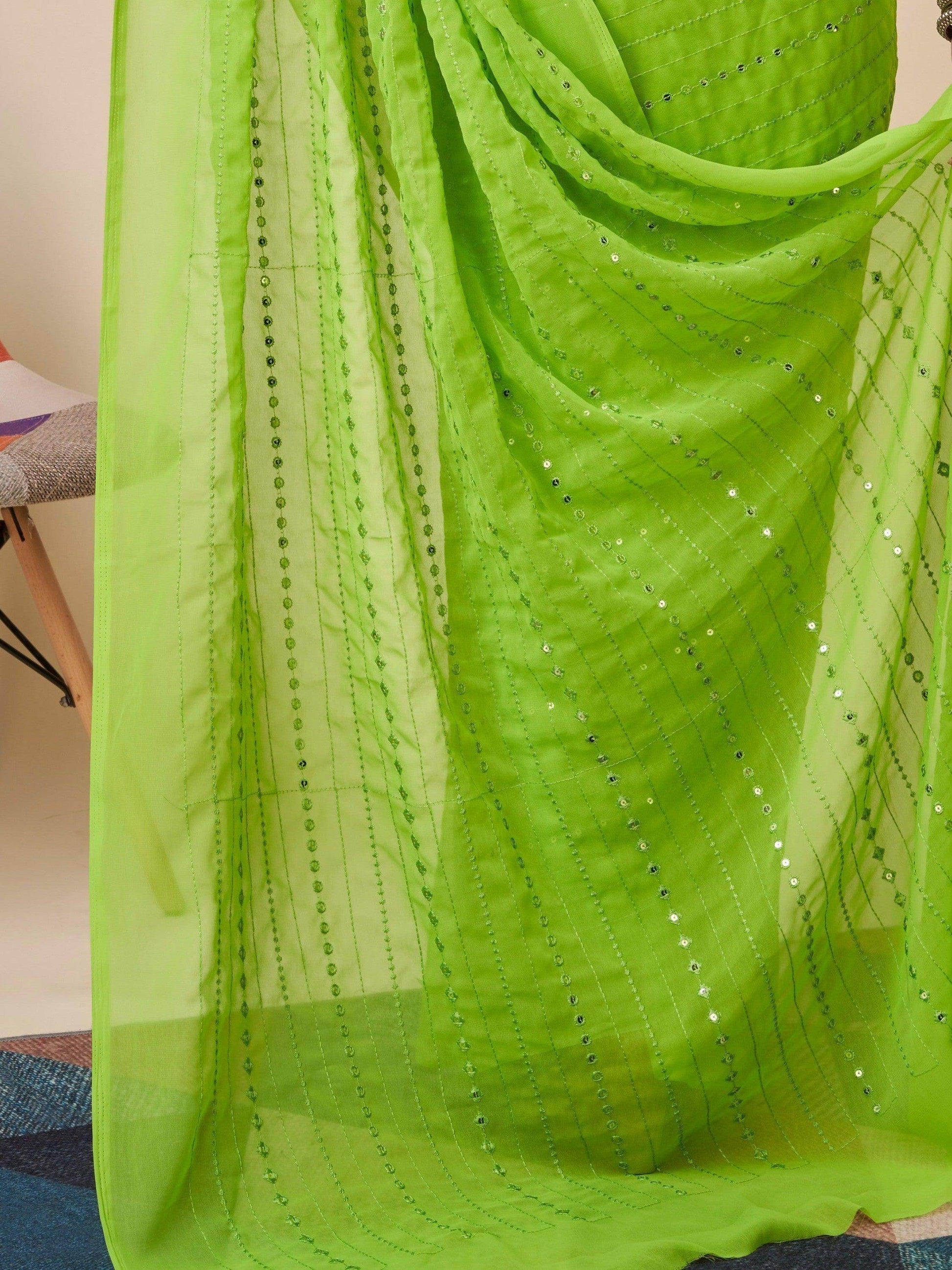 Superb Green Sequins Georgette Events Wear Saree With Blouse - Zeel Clothing