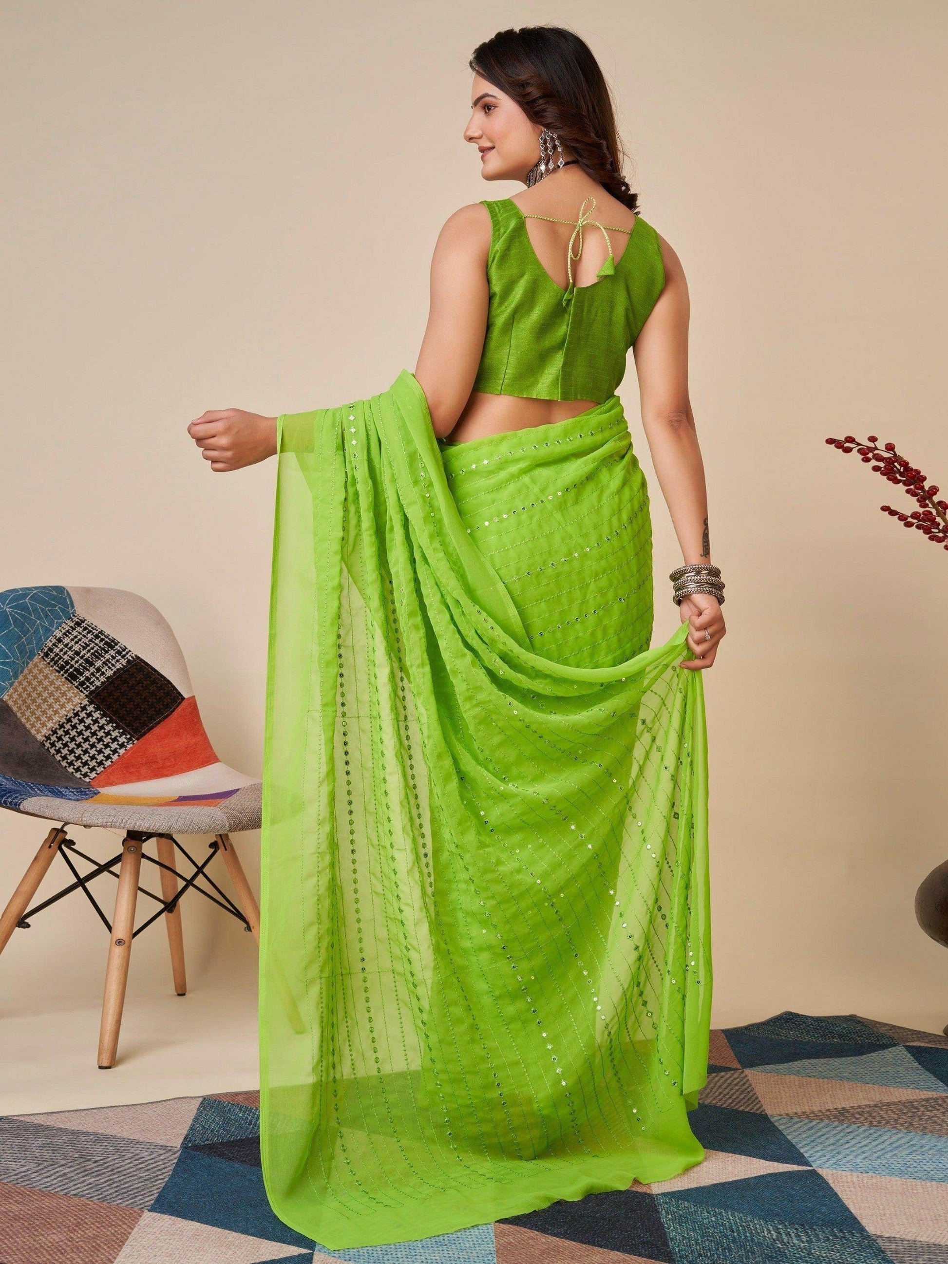 Superb Green Sequins Georgette Events Wear Saree With Blouse - Zeel Clothing