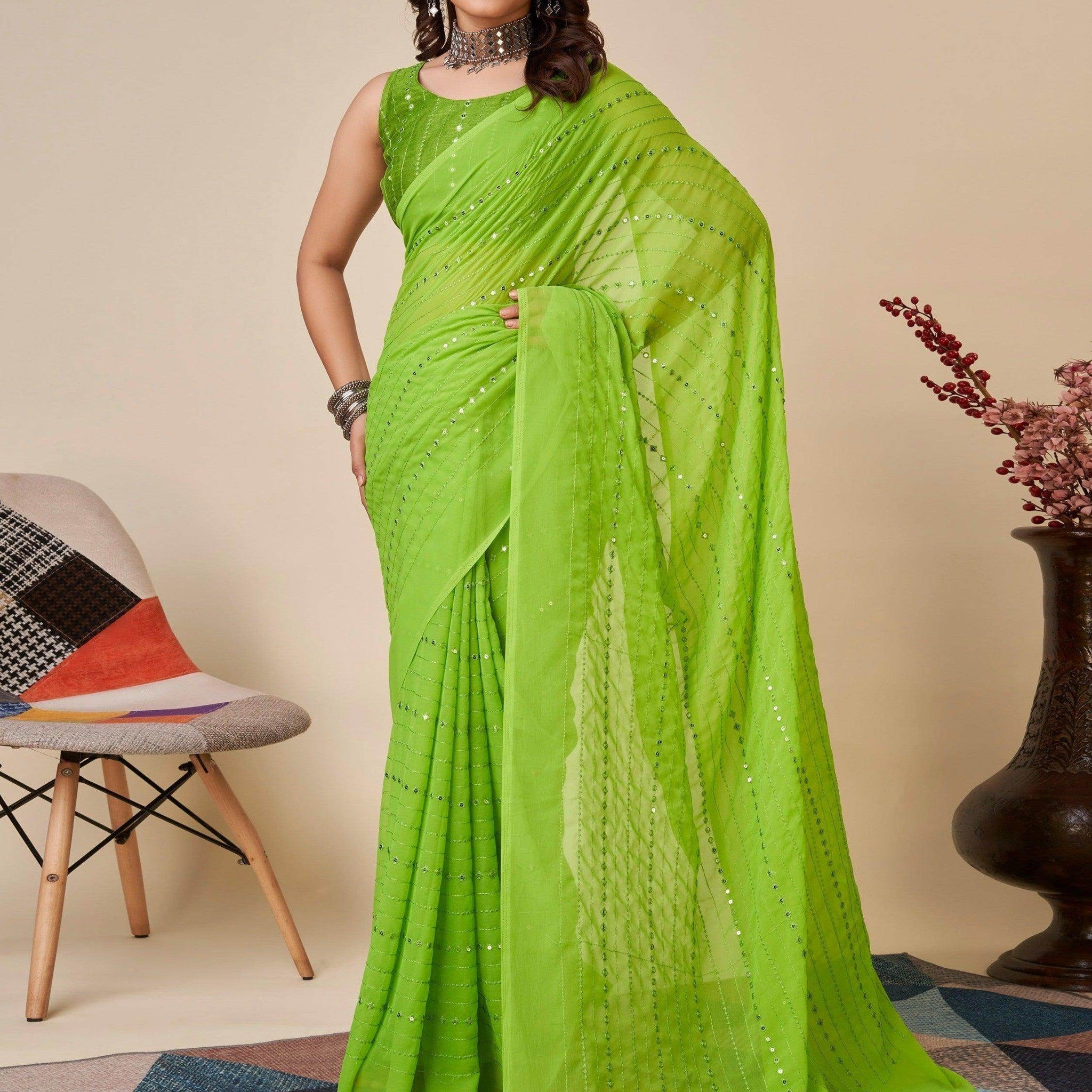 Superb Green Sequins Georgette Events Wear Saree With Blouse - Zeel Clothing