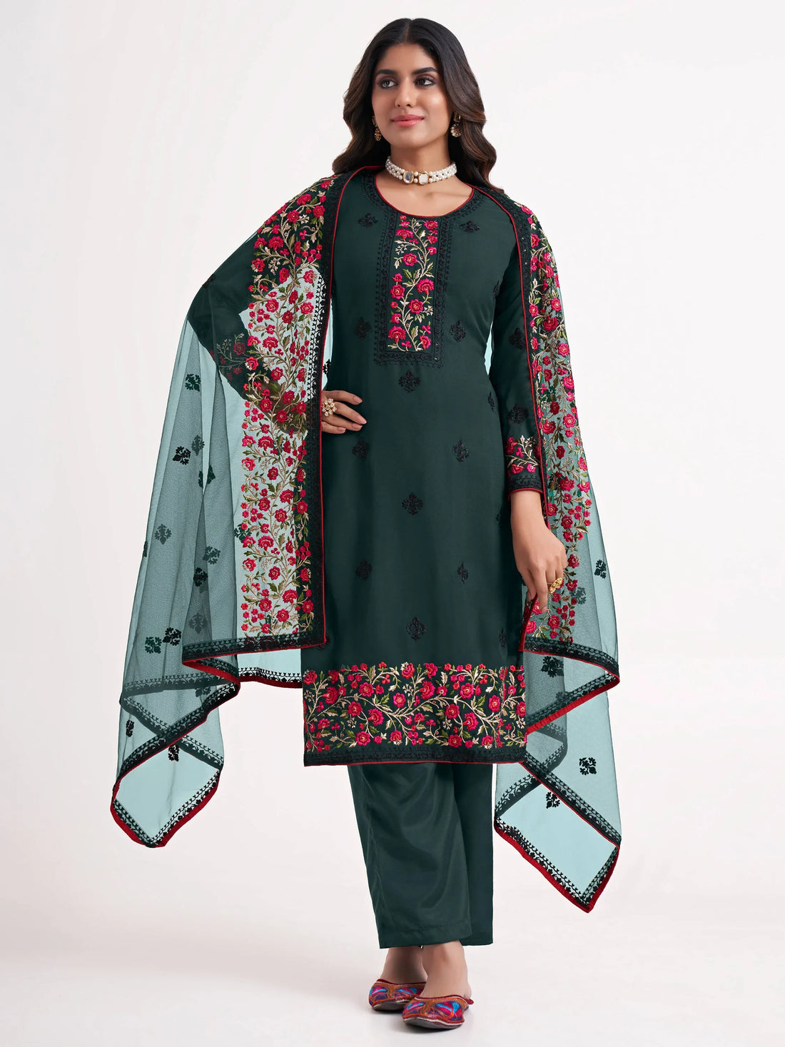 Superb Green Thread Embroidered Georgette Salwar Suit - Zeel Clothing