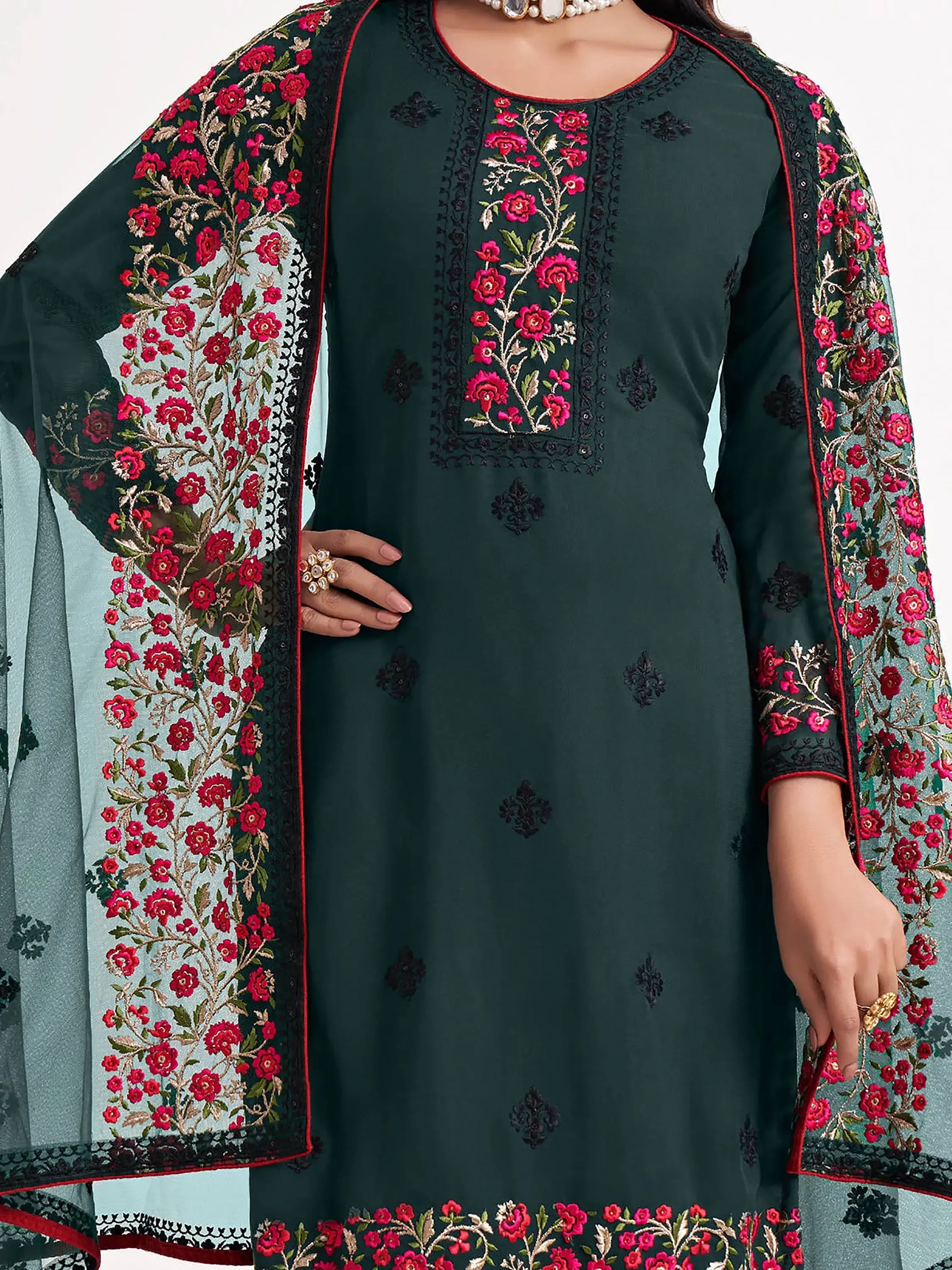 Superb Green Thread Embroidered Georgette Salwar Suit - Zeel Clothing