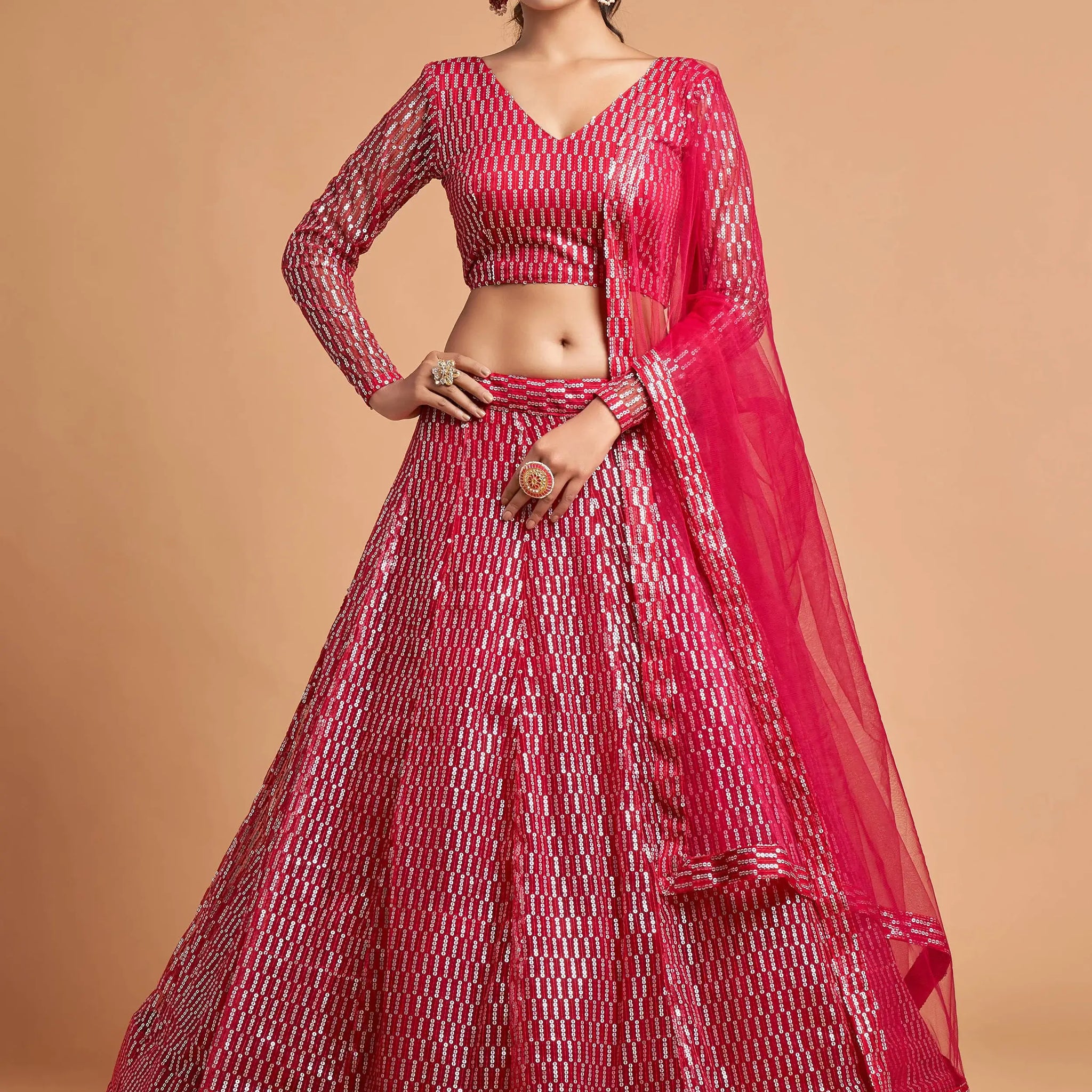 Superb Hot Pink Thread Embroidered Net Party Wear Lehenga Choli - Zeel Clothing