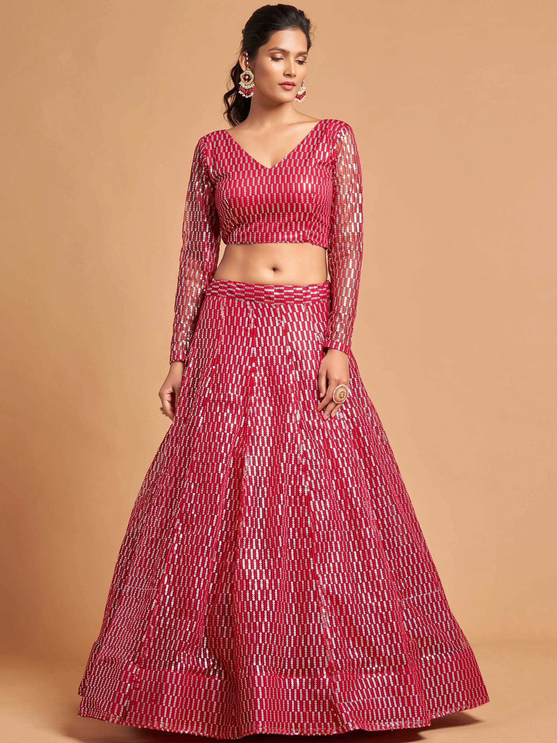 Superb Hot Pink Thread Embroidered Net Party Wear Lehenga Choli - Zeel Clothing