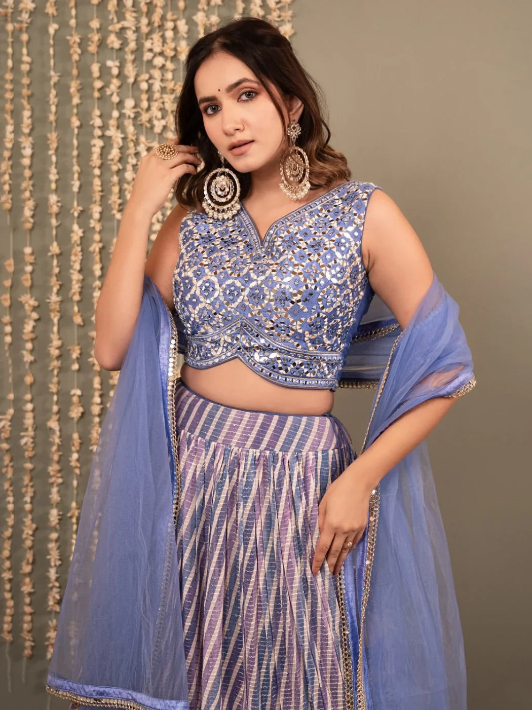 Superb Lavender Printed Organza Bridesmaid Lehenga With Blouse