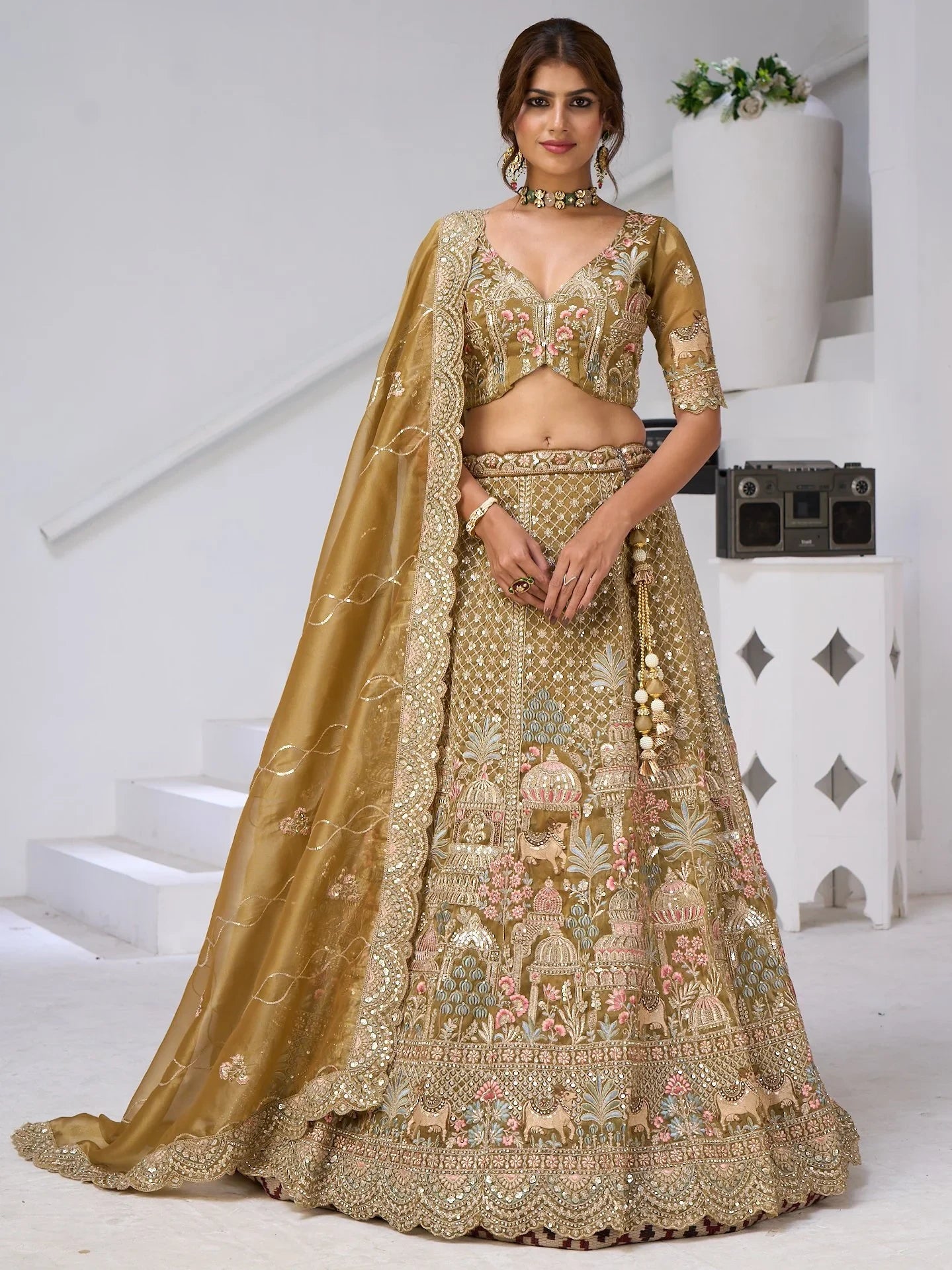 Superb Mehendi Green Heavy Embroidered Organza Lehenga Choli With Dupatta