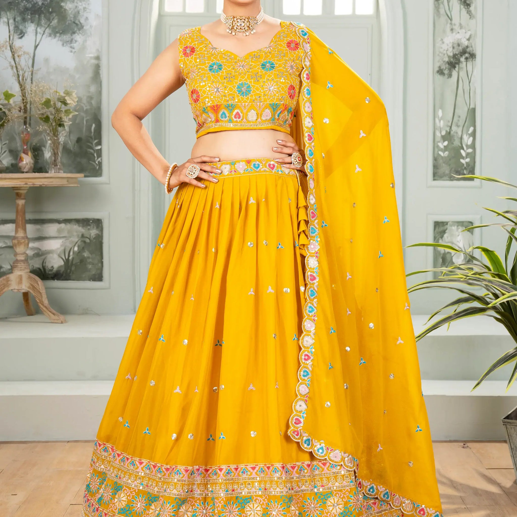 Superb Mustard Yellow Thread Embroidered Georgette Lehenga Choli - Zeel Clothing