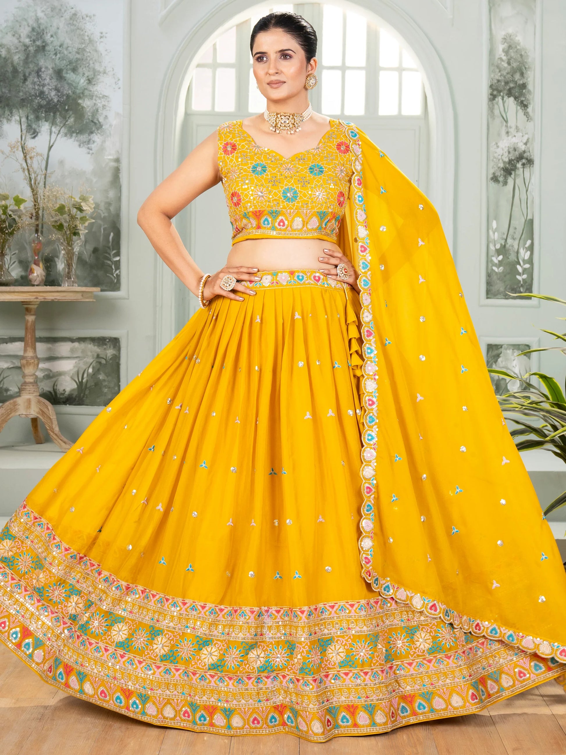 Superb Mustard Yellow Thread Embroidered Georgette Lehenga Choli - Zeel Clothing