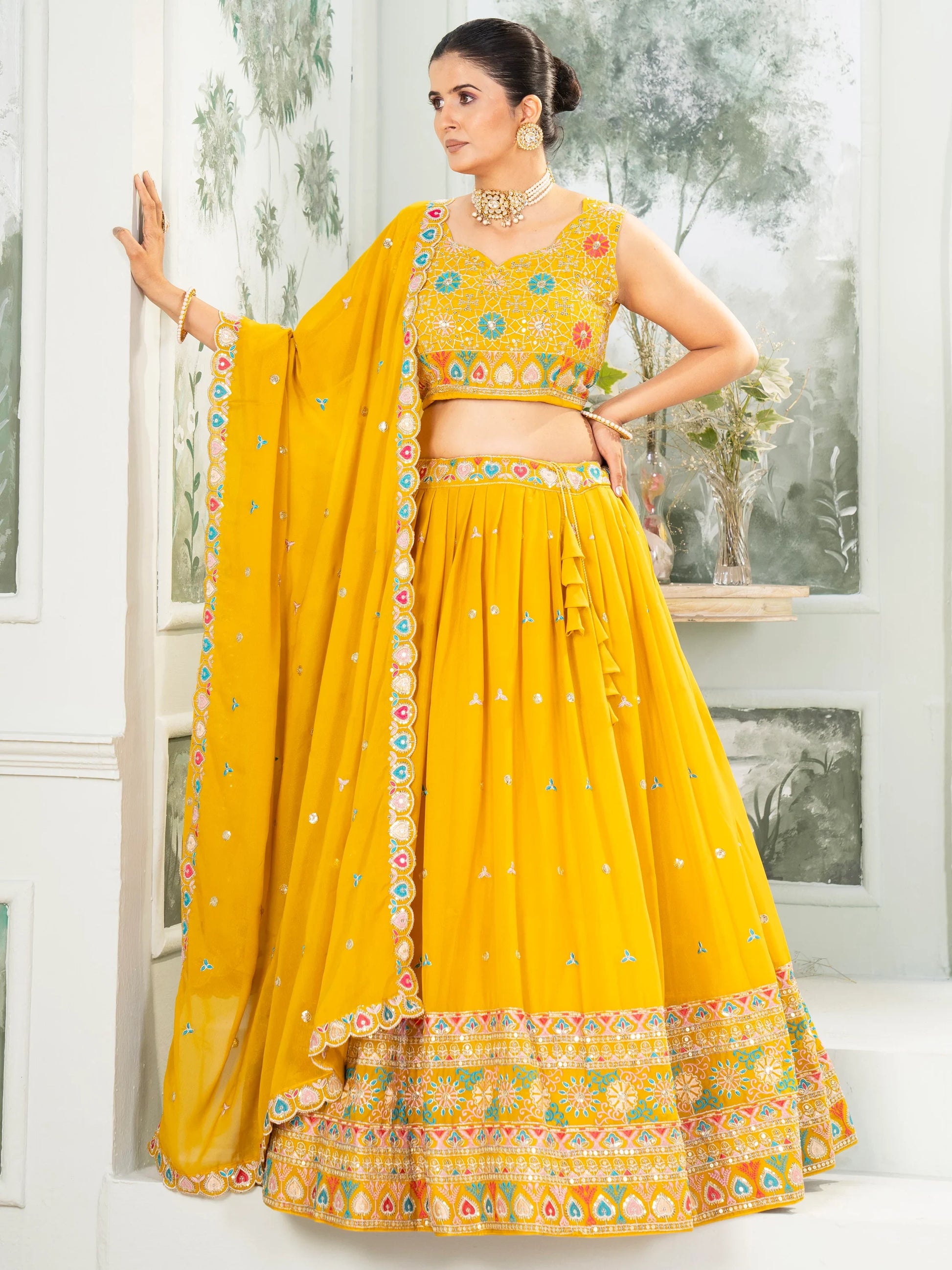 Superb Mustard Yellow Thread Embroidered Georgette Lehenga Choli - Zeel Clothing