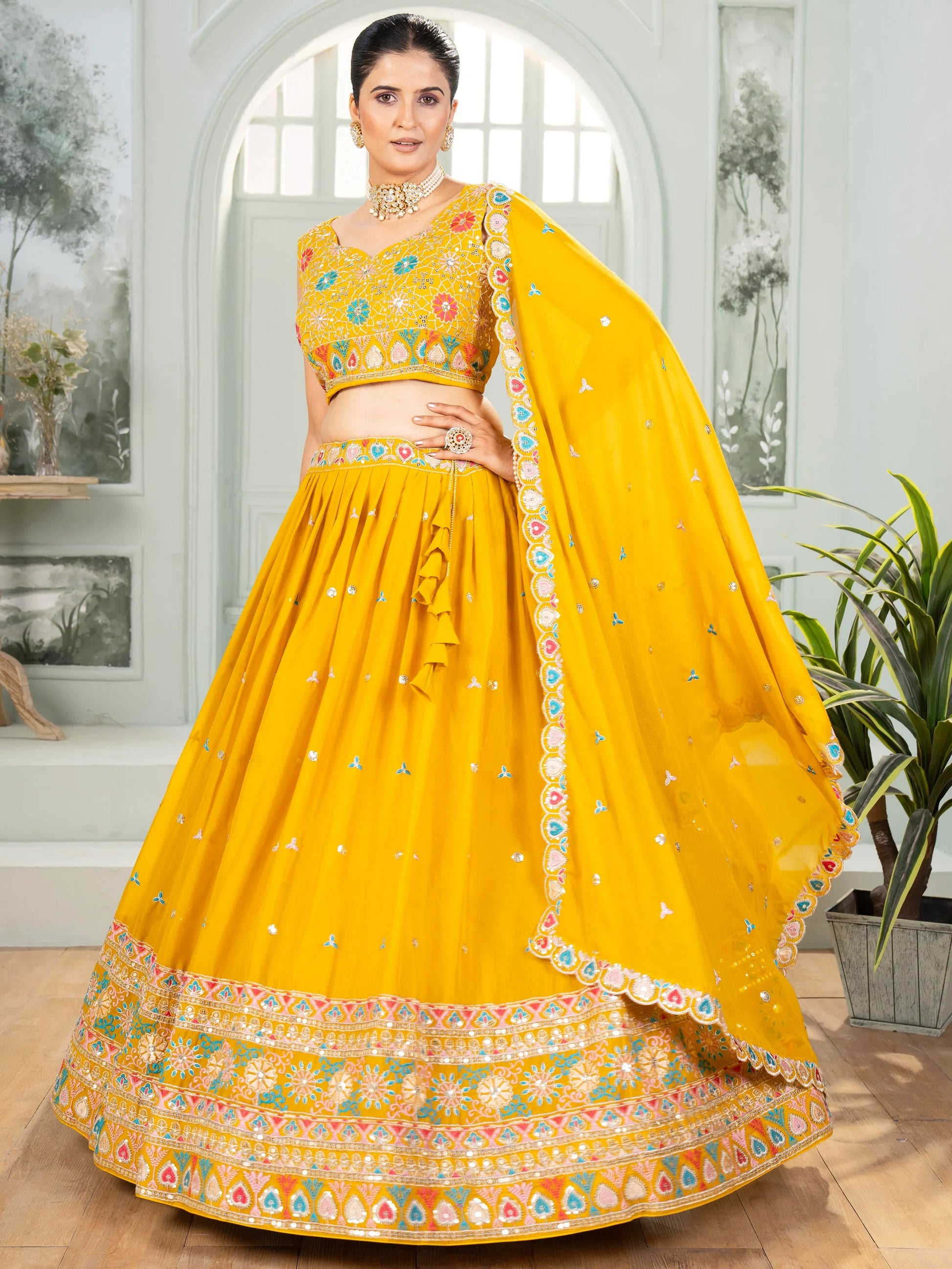 Superb Mustard Yellow Thread Embroidered Georgette Lehenga Choli - Zeel Clothing