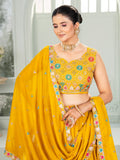 Superb Mustard Yellow Thread Embroidered Georgette Lehenga Choli - Zeel Clothing