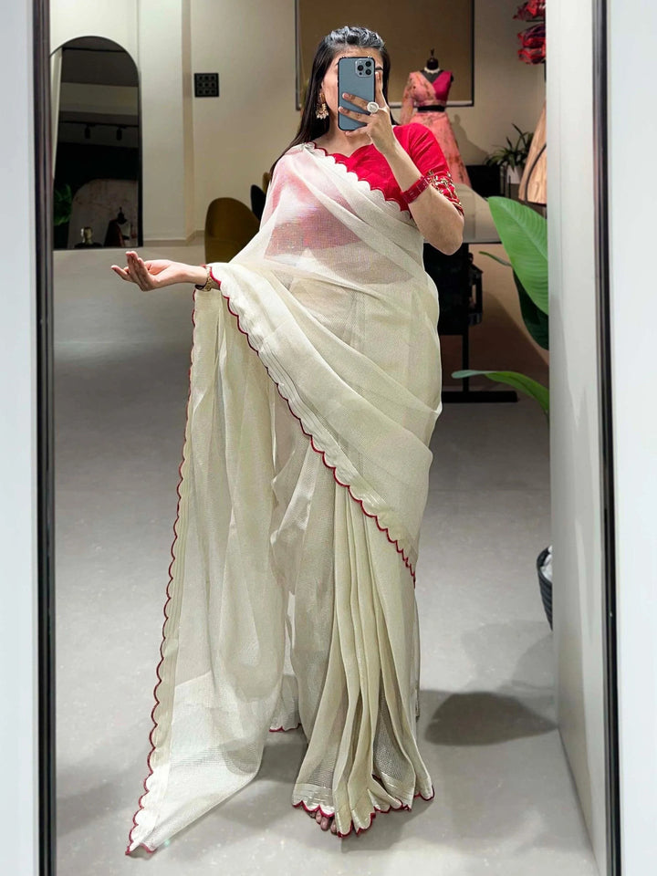 Superb Off-White Arca Work Silk Festive Wear Saree With Blouse