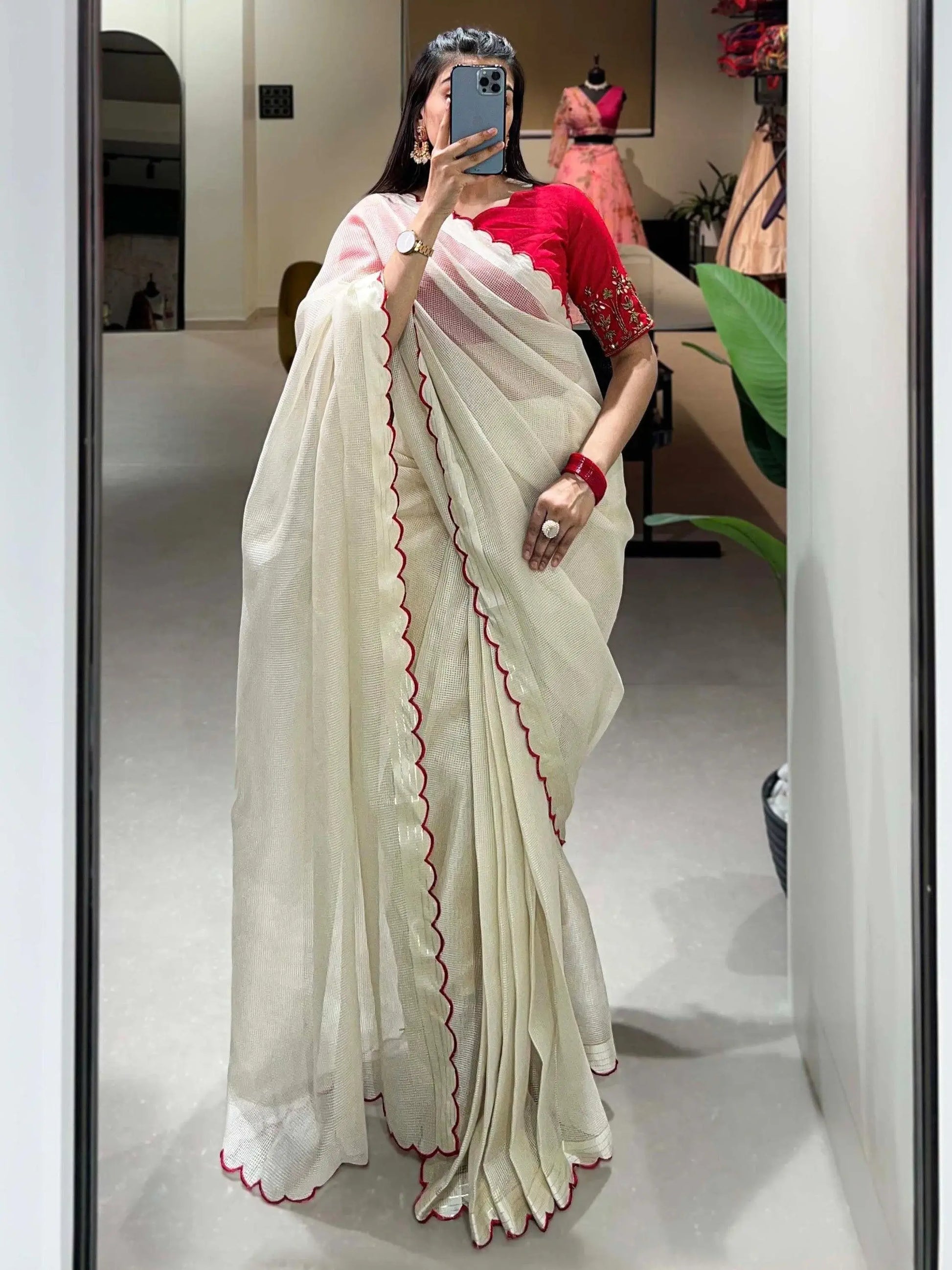 Superb Off-White Arca Work Silk Festive Wear Saree With Blouse - Zeel Clothing