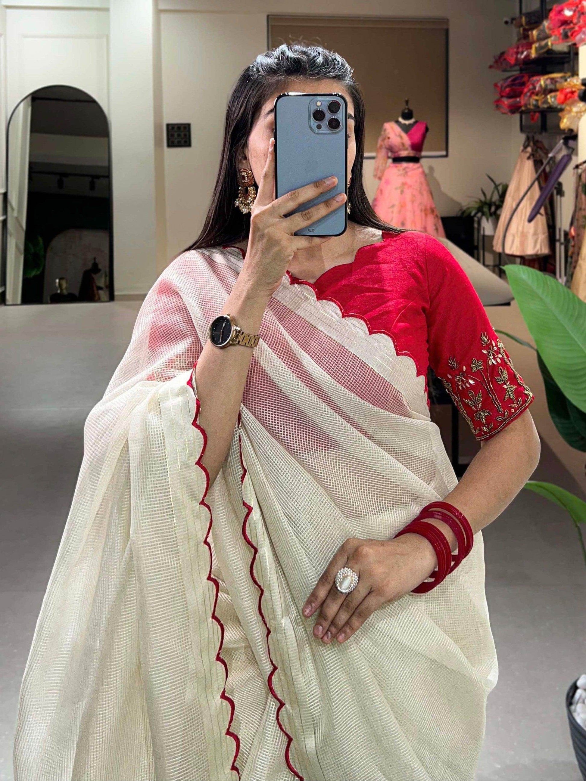 Superb Off-White Arca Work Silk Festive Wear Saree With Blouse - Zeel Clothing
