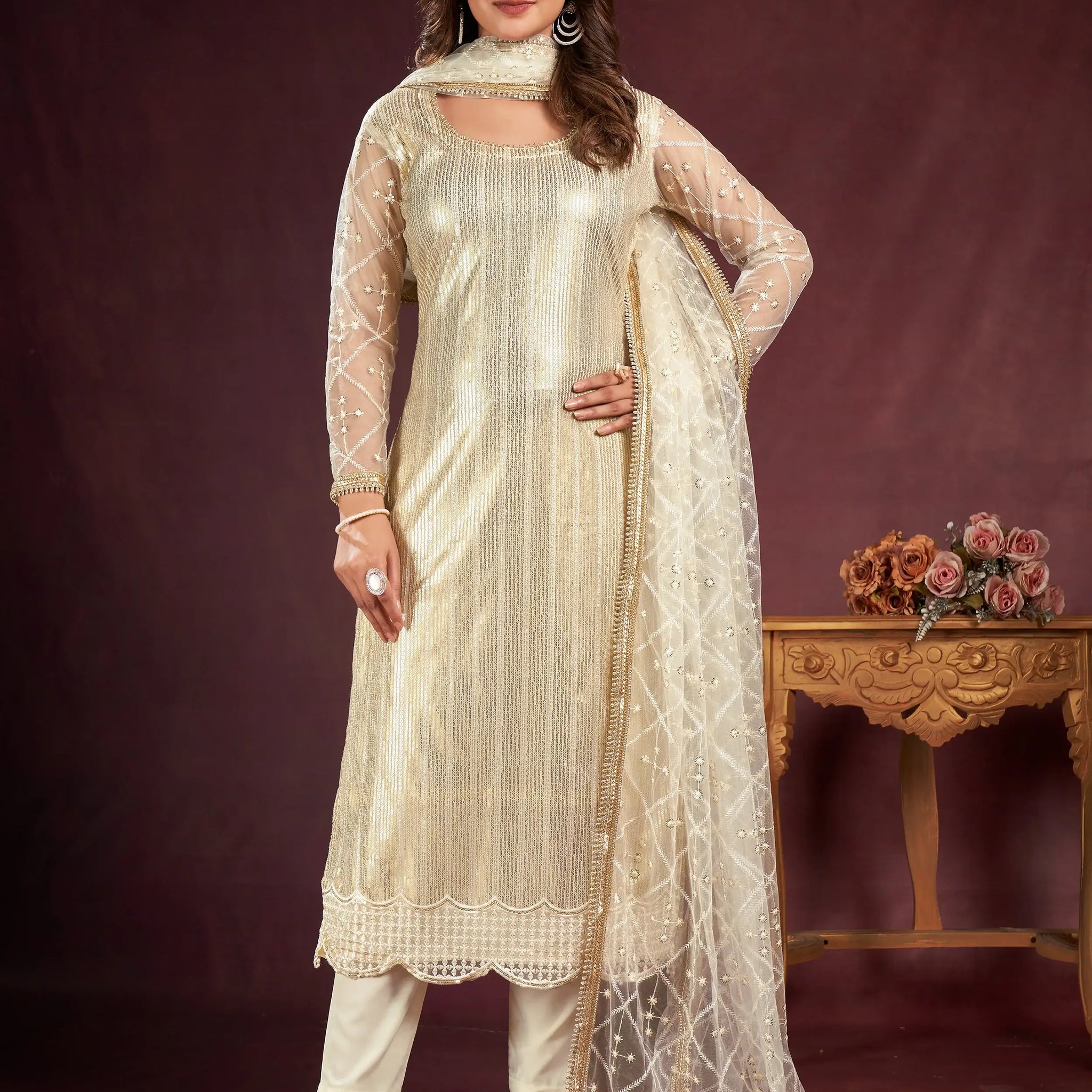 Superb Off-White Sequins Net Wedding Wear Salwar Kameez With Dupatta - Zeel Clothing