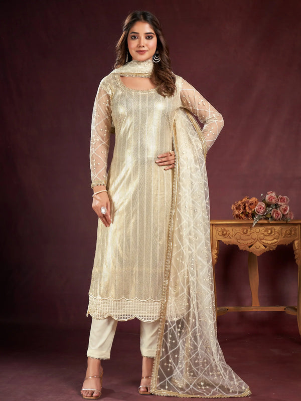 Superb Off-White Sequins Net Wedding Wear Salwar Kameez With Dupatta - Zeel Clothing