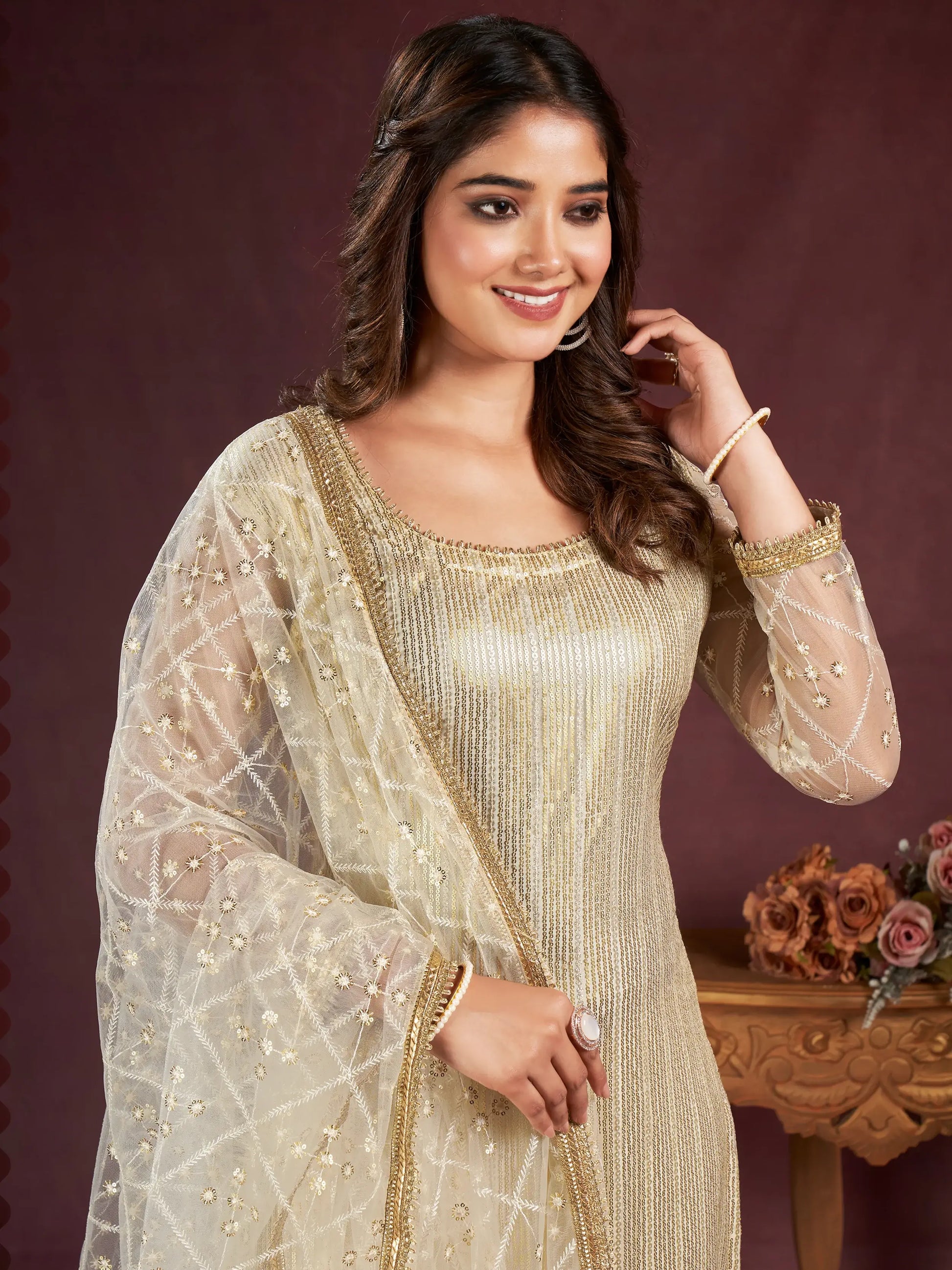 Superb Off-White Sequins Net Wedding Wear Salwar Kameez With Dupatta - Zeel Clothing