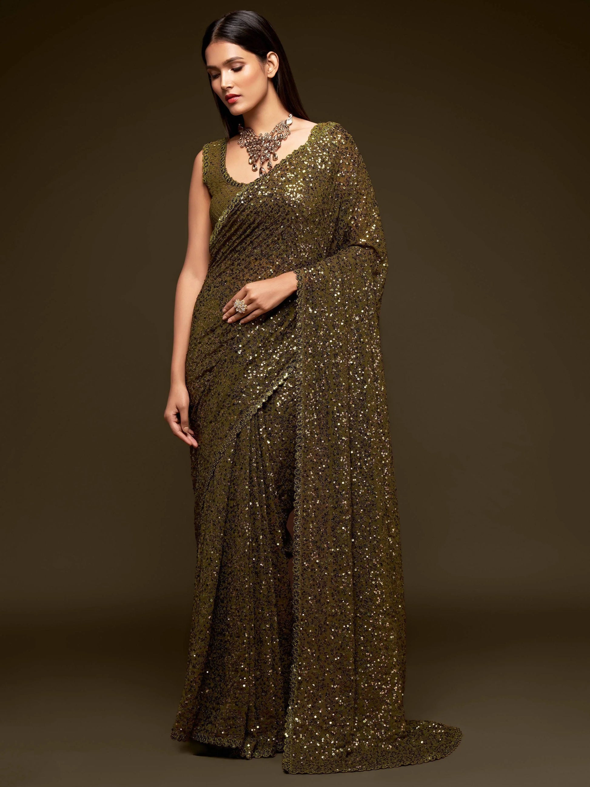 Superb Olive Green Sequined Georgette Party Wear Saree - Zeel Clothing