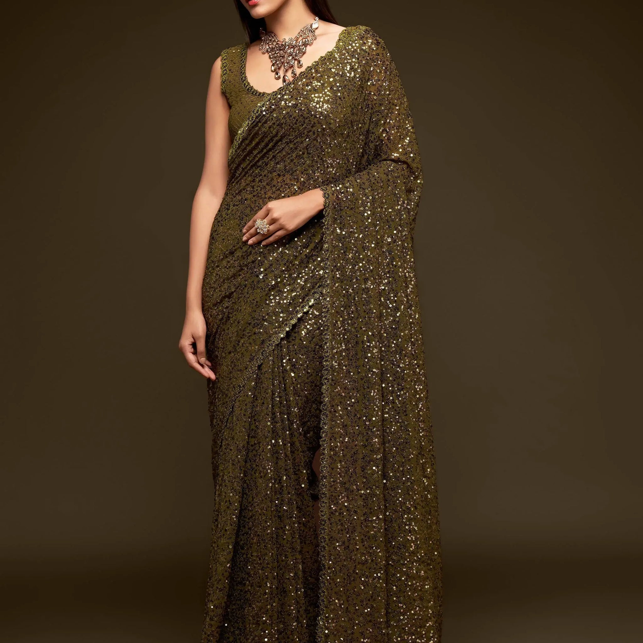 Superb Olive Green Sequined Georgette Party Wear Saree - Zeel Clothing