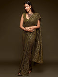 Superb Olive Green Sequined Georgette Party Wear Saree - Zeel Clothing