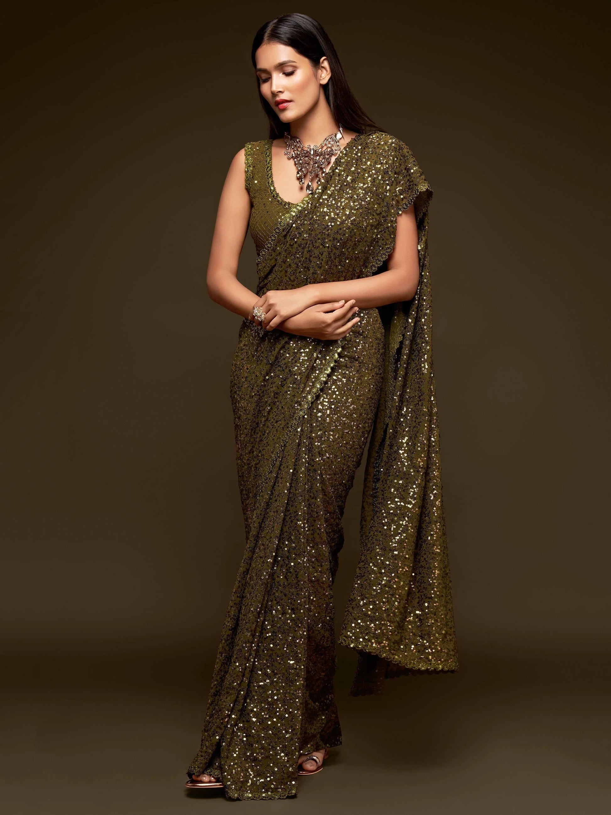 Superb Olive Green Sequined Georgette Party Wear Saree - Zeel Clothing