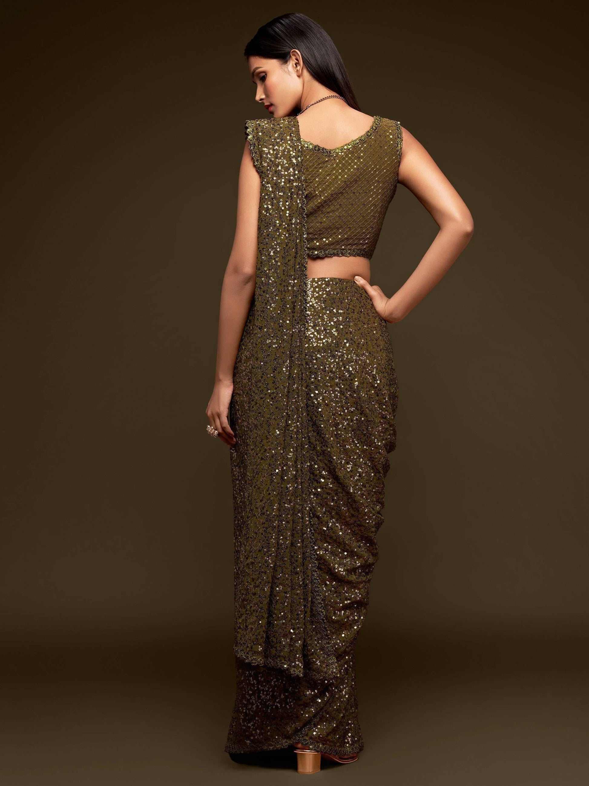 Superb Olive Green Sequined Georgette Party Wear Saree - Zeel Clothing