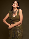 Superb Olive Green Sequined Georgette Party Wear Saree - Zeel Clothing