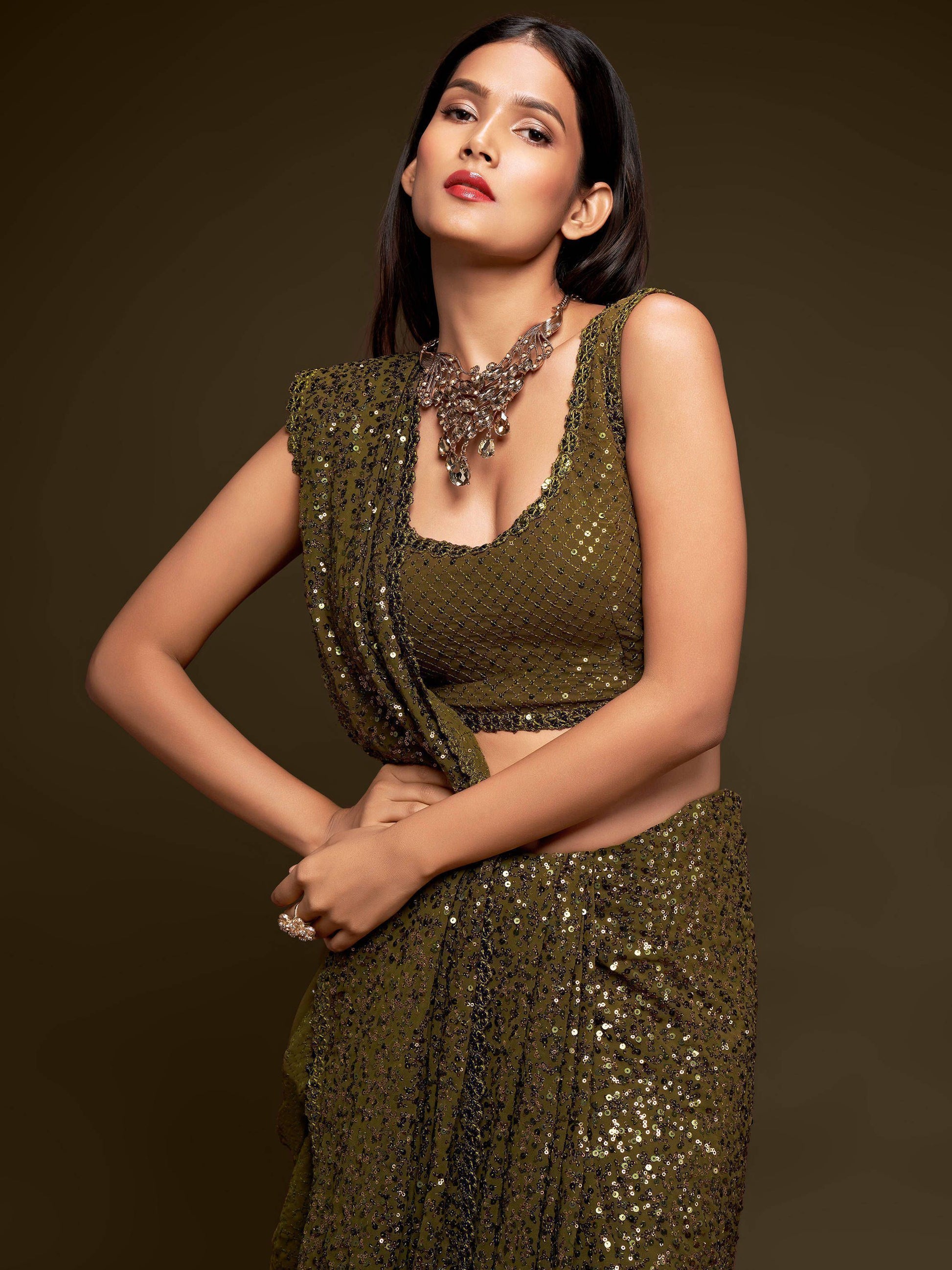 Superb Olive Green Sequined Georgette Party Wear Saree - Zeel Clothing