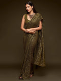 Superb Olive Green Sequined Georgette Party Wear Saree - Zeel Clothing