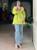 Superb Parrot Green Laheriya Printed Cotton Navratri Wear Top