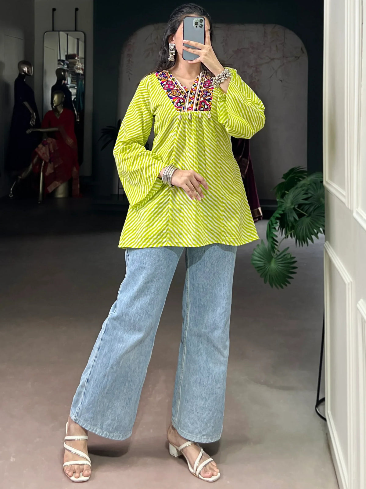 Superb Parrot Green Laheriya Printed Cotton Navratri Wear Top