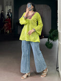 Superb Parrot Green Laheriya Printed Cotton Navratri Wear Top