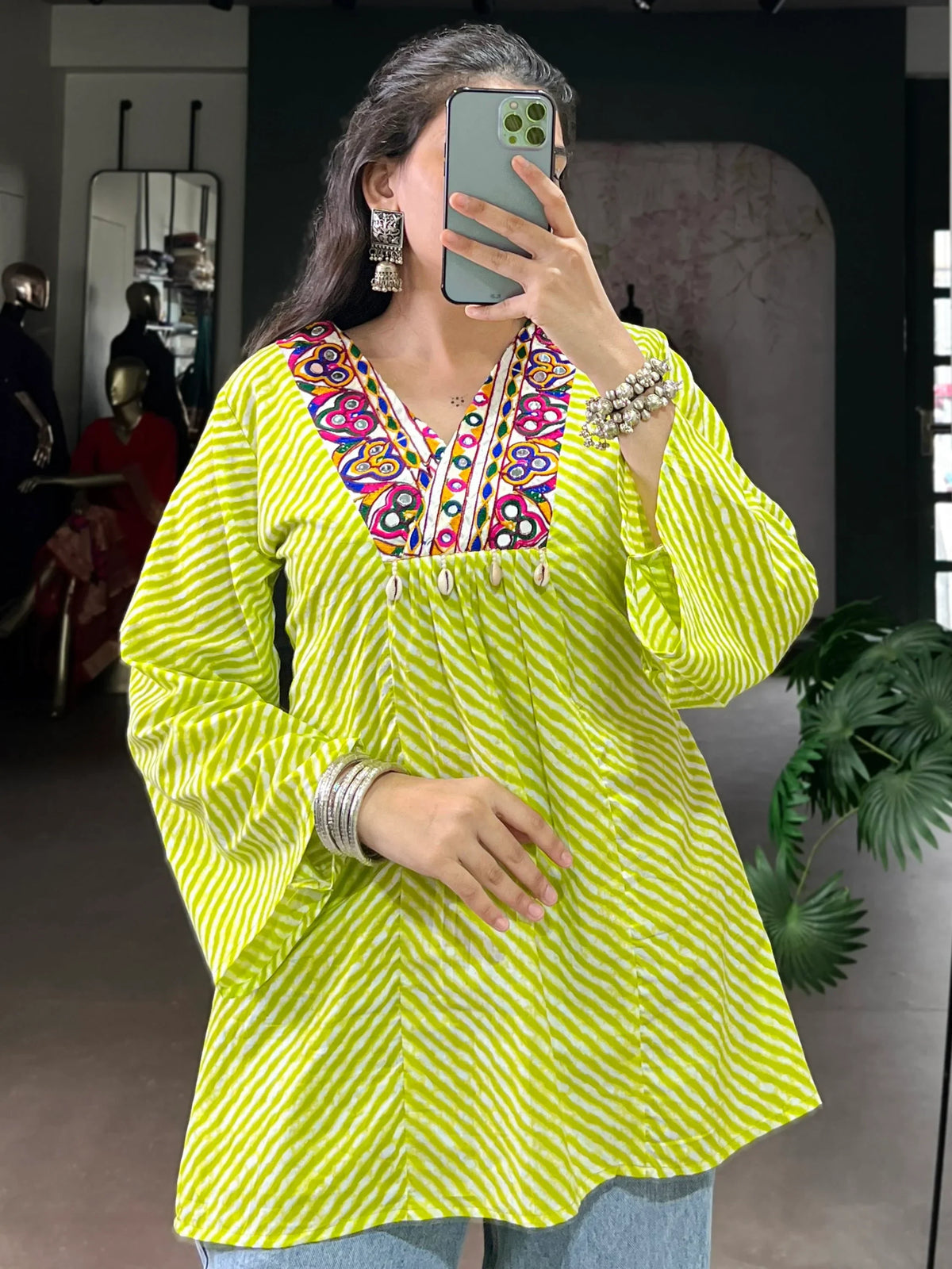 Superb Parrot Green Laheriya Printed Cotton Navratri Wear Top