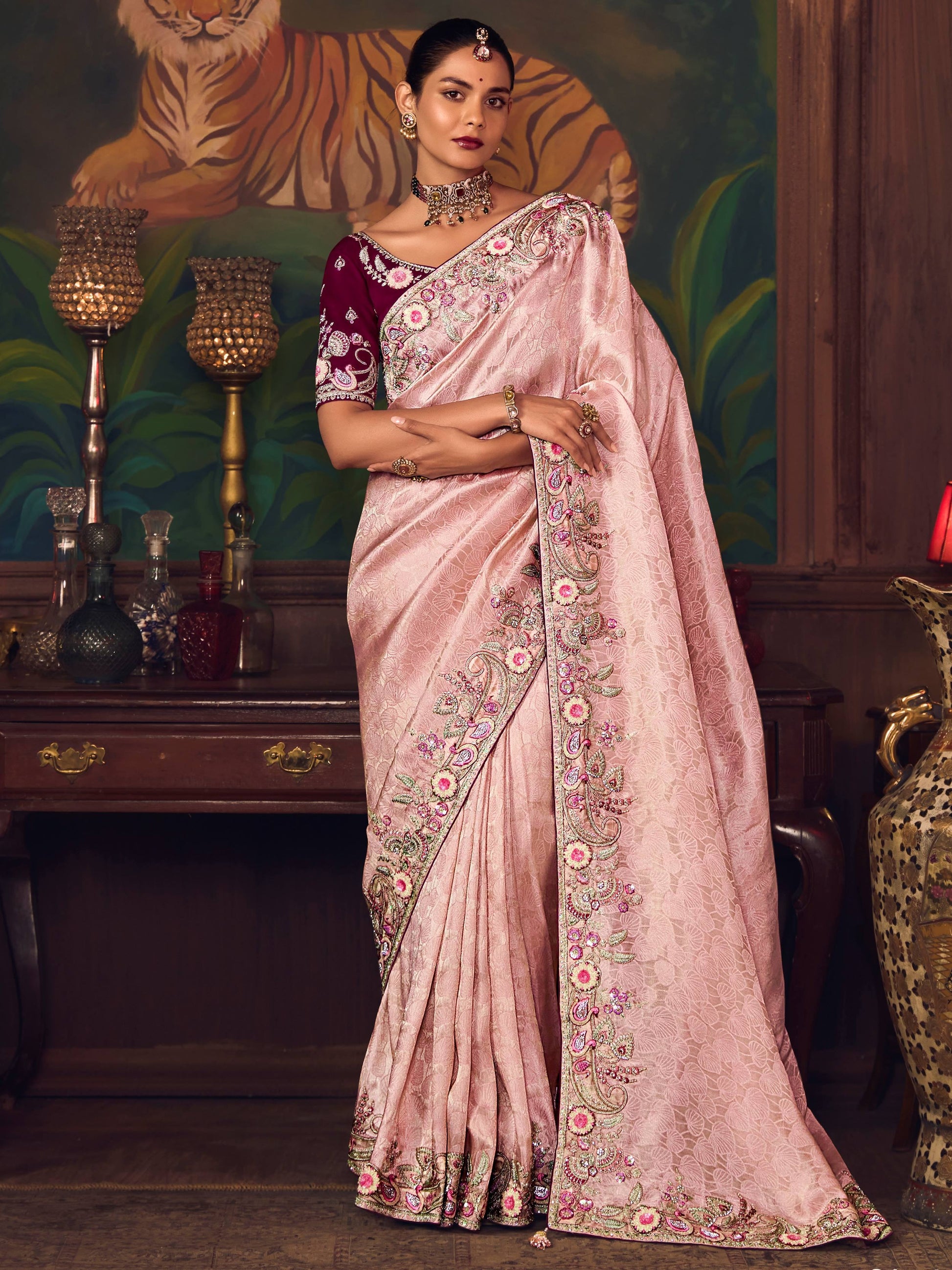 Superb Pink Floral Border Work Silk Reception Wear Saree With Blouse