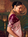 Superb Pink Floral Border Work Silk Reception Wear Saree With Blouse