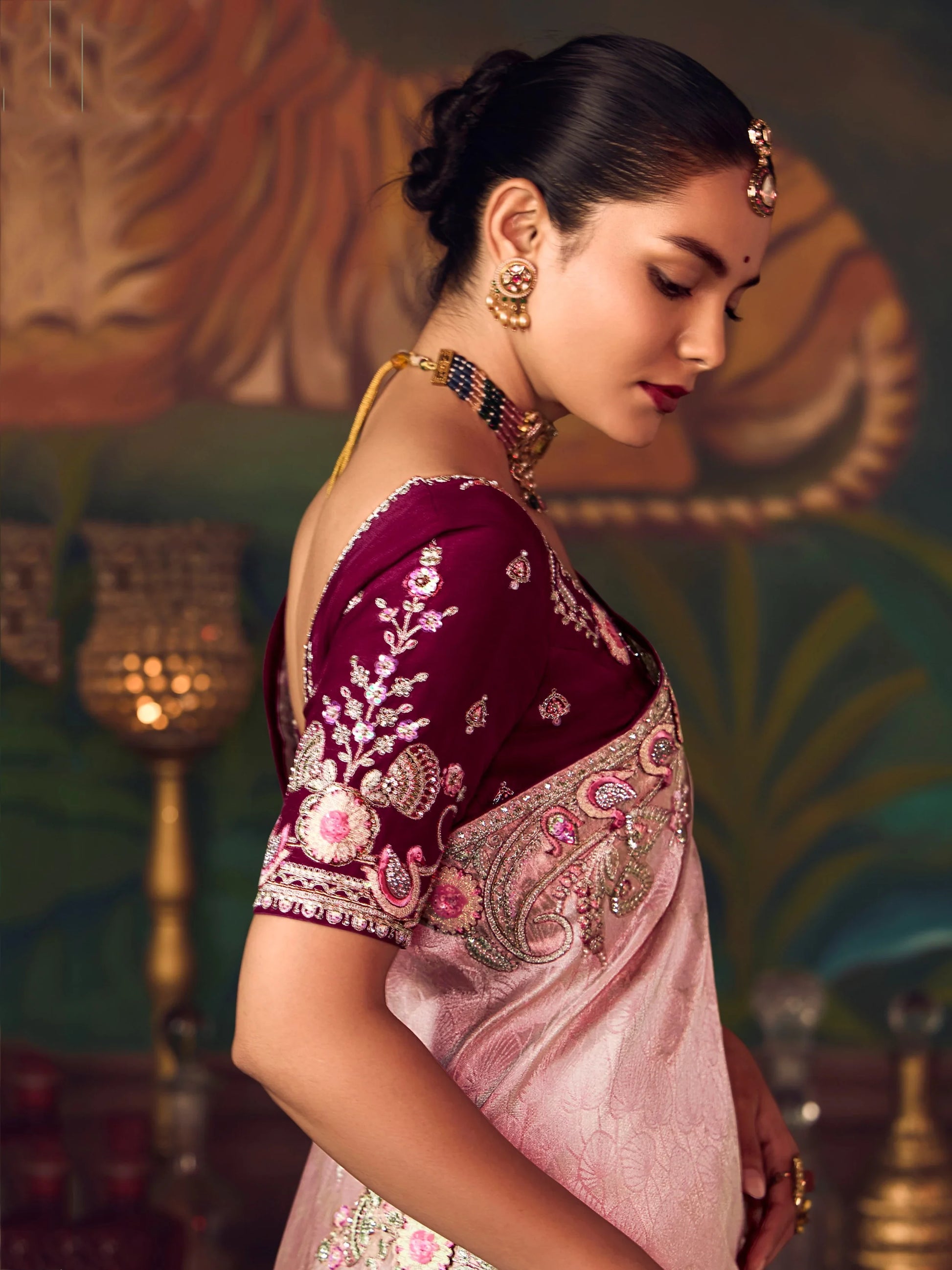 Superb Pink Floral Border Work Silk Reception Wear Saree With Blouse