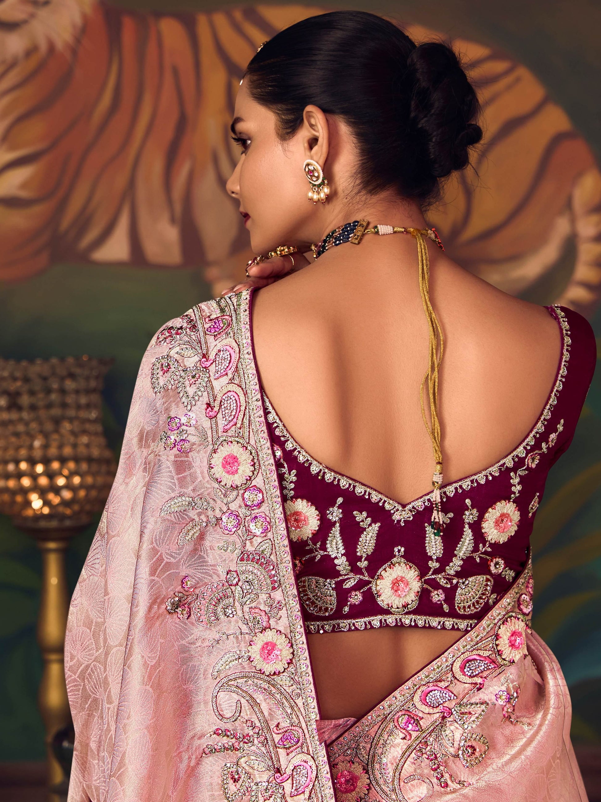 Superb Pink Floral Border Work Silk Reception Wear Saree With Blouse