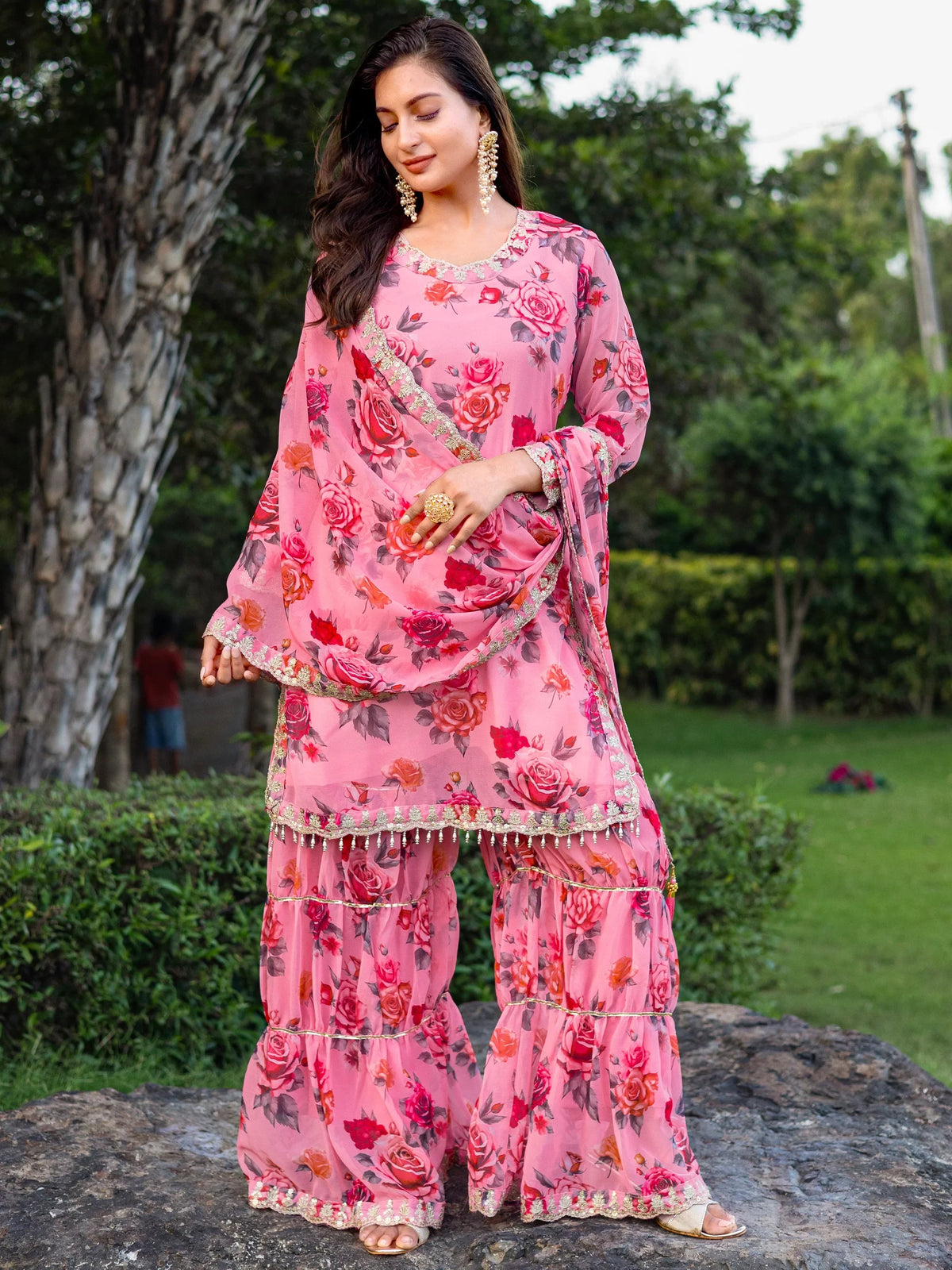 Superb Pink Floral Printed Georgette Festival Wear Sharara Suit - Zeel Clothing