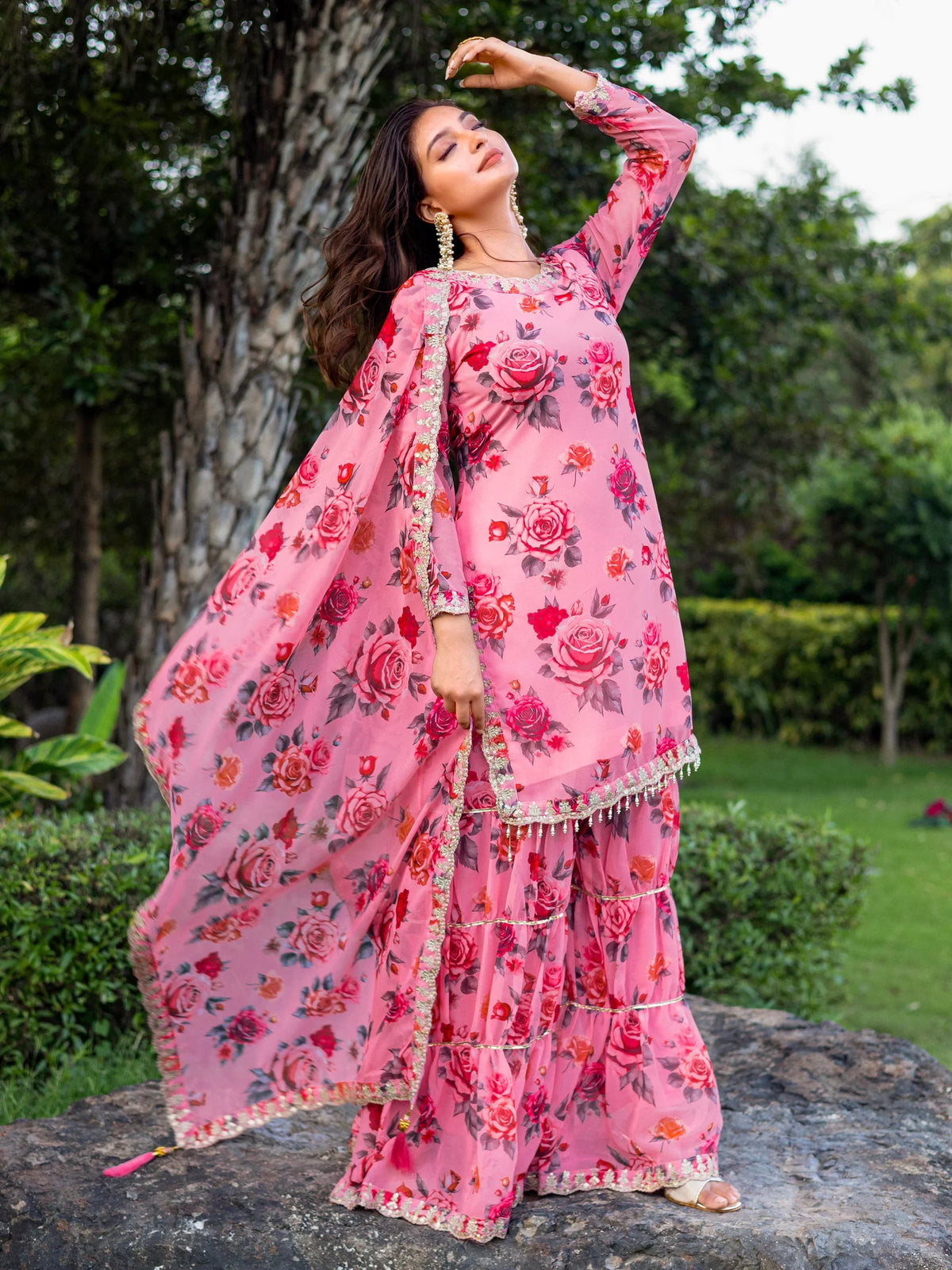 Superb Pink Floral Printed Georgette Festival Wear Sharara Suit - Zeel Clothing