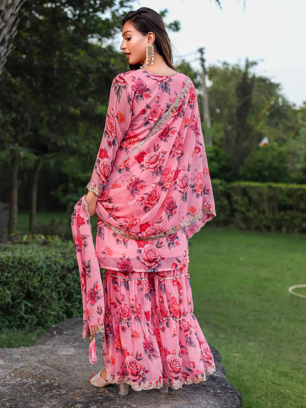 Superb Pink Floral Printed Georgette Festival Wear Sharara Suit - Zeel Clothing