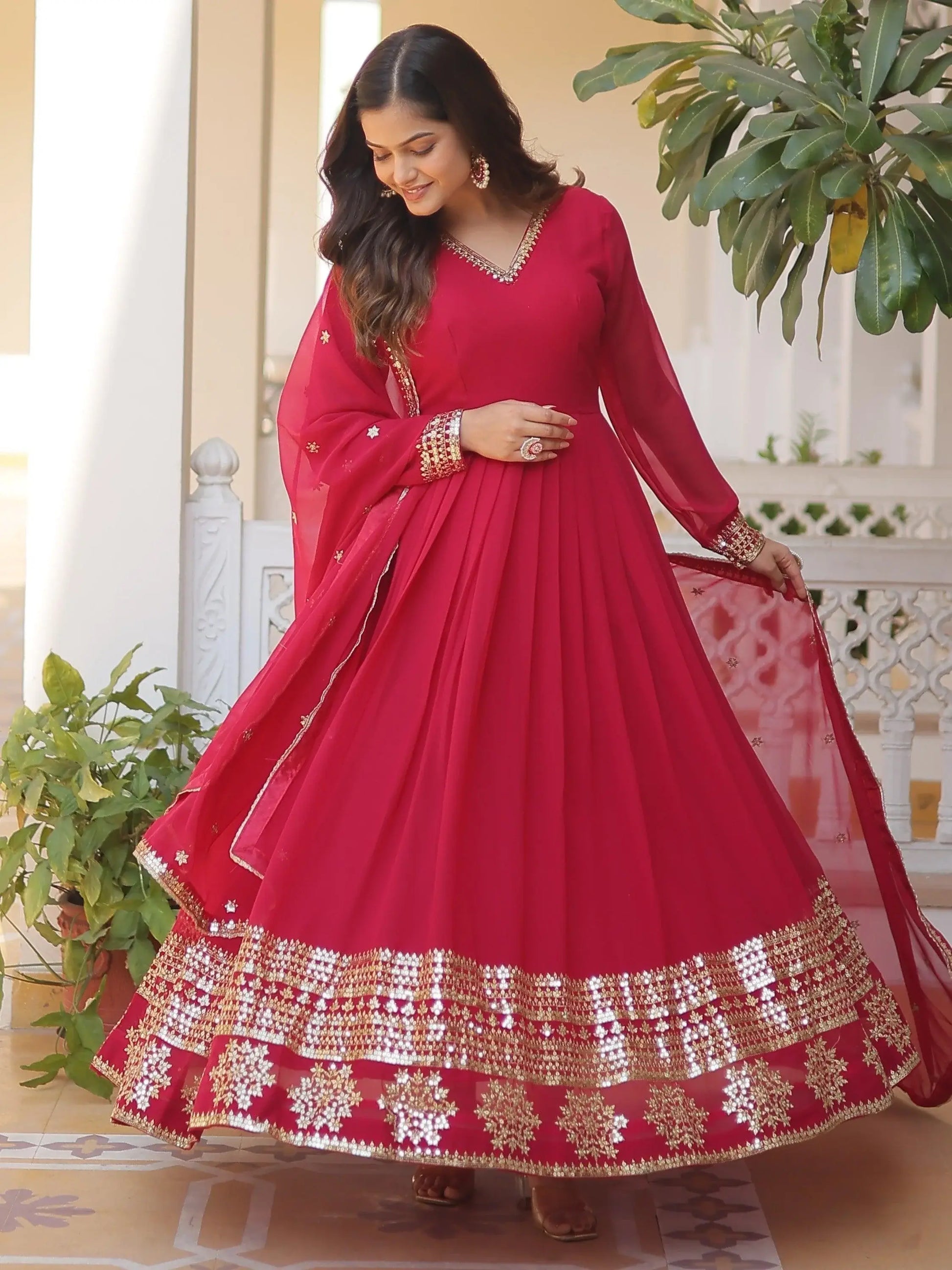 Superb Pink Sequins Georgette Wedding Wear Anarkali Gown With Dupatta - Zeel Clothing