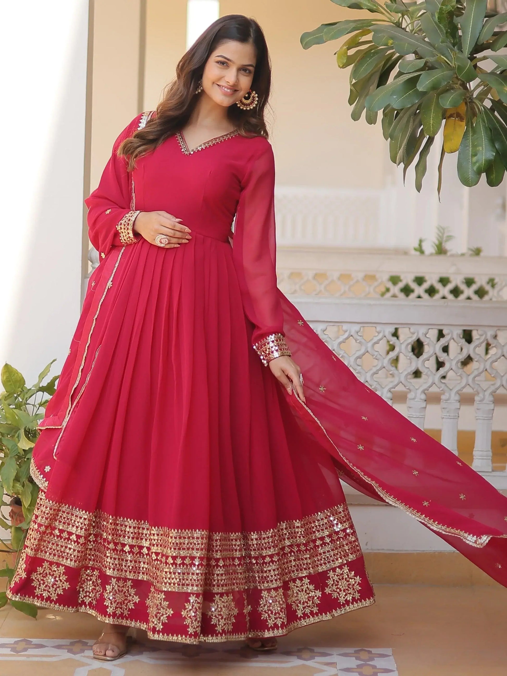 Superb Pink Sequins Georgette Wedding Wear Anarkali Gown With Dupatta - Zeel Clothing