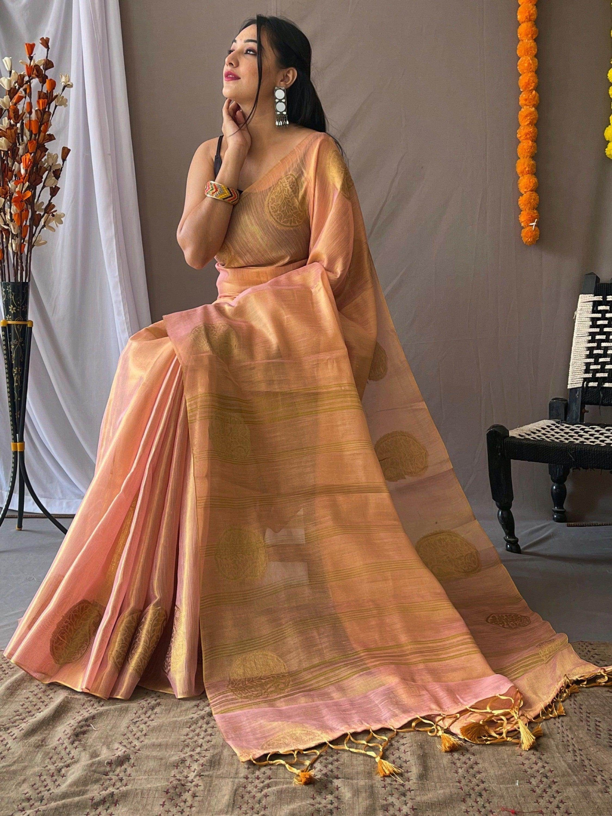 Superb Pink Zari Weaving Tissue Silk Sangeet Wear Saree With Blouse - Zeel Clothing
