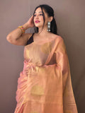 Superb Pink Zari Weaving Tissue Silk Sangeet Wear Saree With Blouse - Zeel Clothing