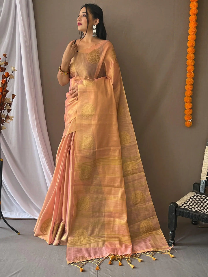 Superb Pink Zari Weaving Tissue Silk Sangeet Wear Saree With Blouse - Zeel Clothing